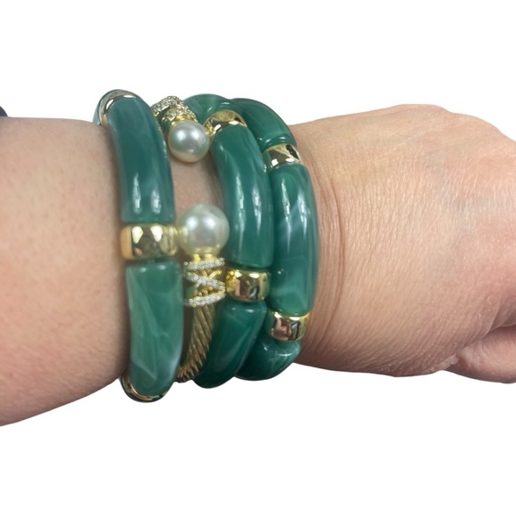 Vintage Green Resin Bamboo Beads Bracelets Set - Picture 2 of 6